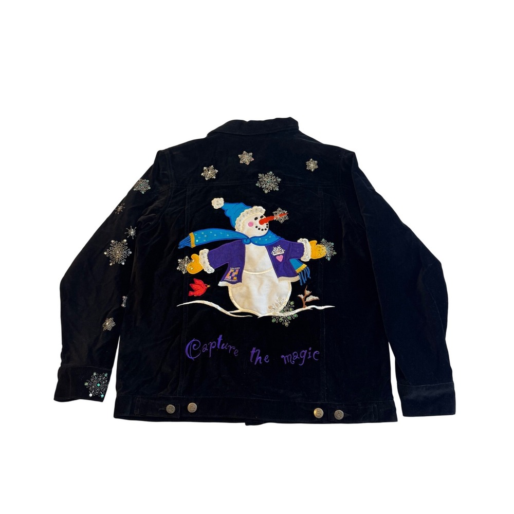 Vintage Deadstock The Quacker Factory Jacket Women Small Black Velvet‎ Snowman